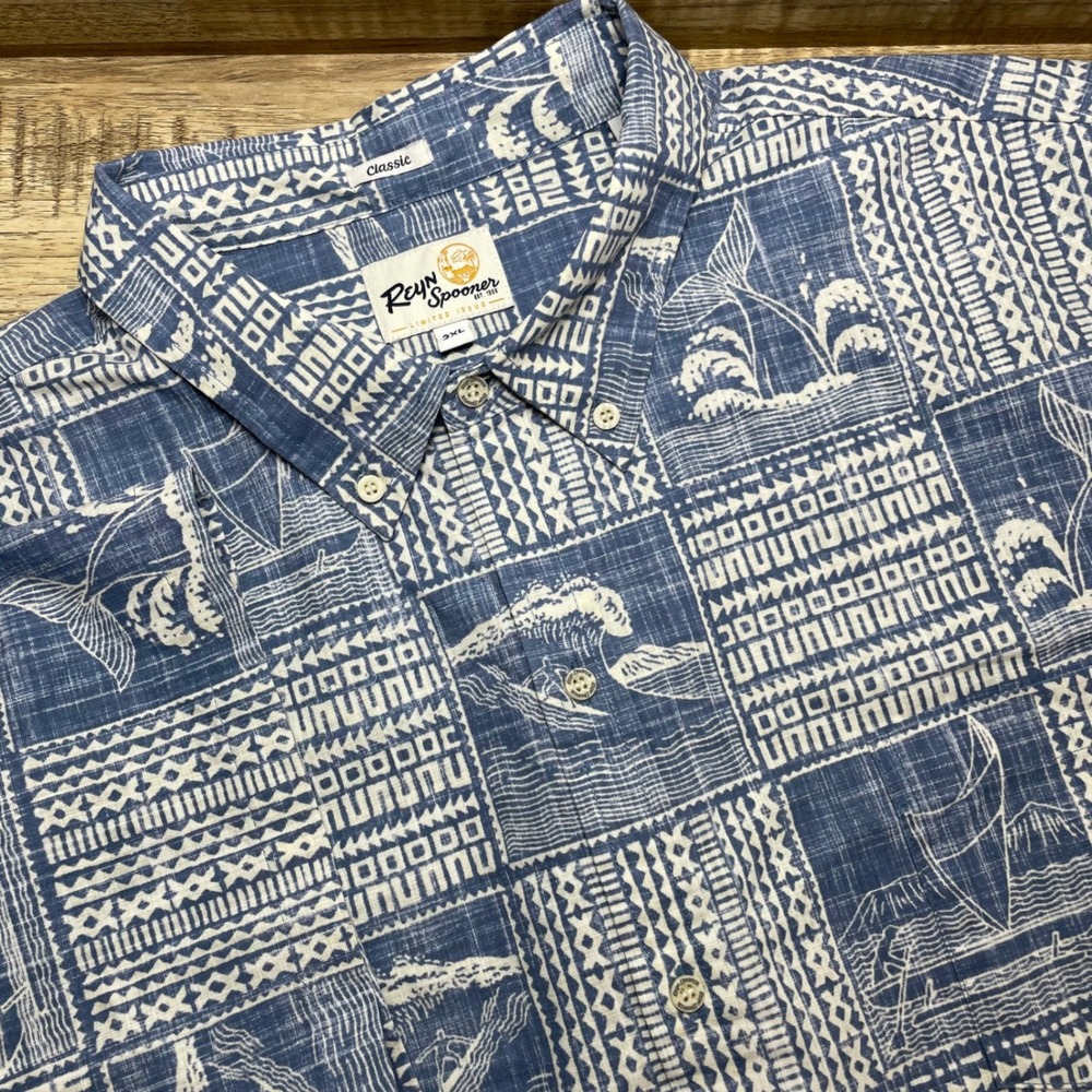 Reyn Spooner Mens 3XL Blue White Patchwork Hawaiian Shirt Limited Issue Classic
